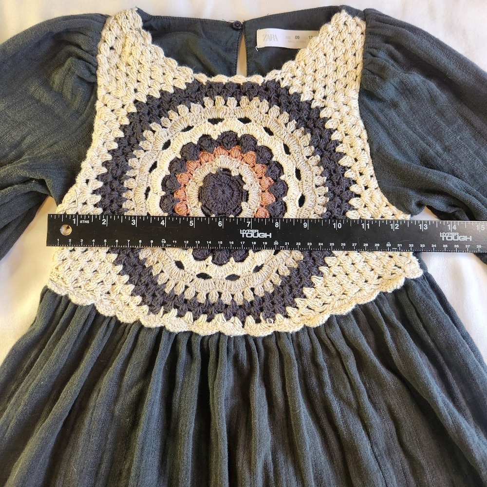 ZARA Crochet Dress Girls 9 Black Cotton Long Sleeve Boho Grannycore Cottagecore - Picture 4 of 7